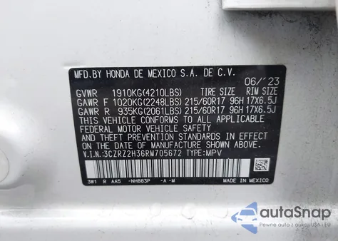 2024 Honda Hr-V Awd Lx из США, поврежденный, VIN 3CZRZ2H36RM705672